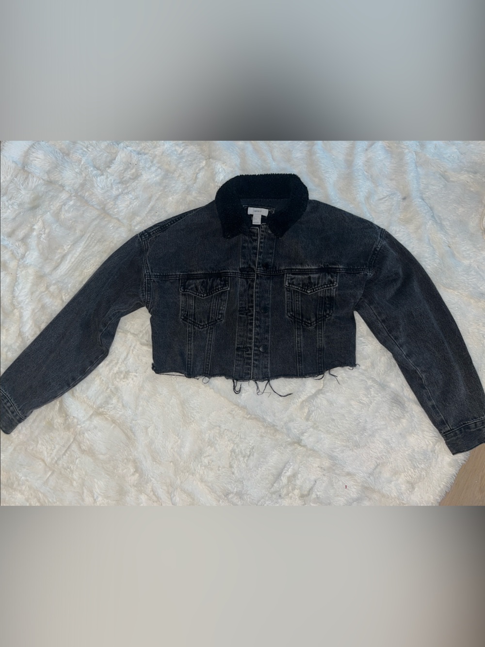 Womens Black Distressed Denim Jacket with Sherpa Collar